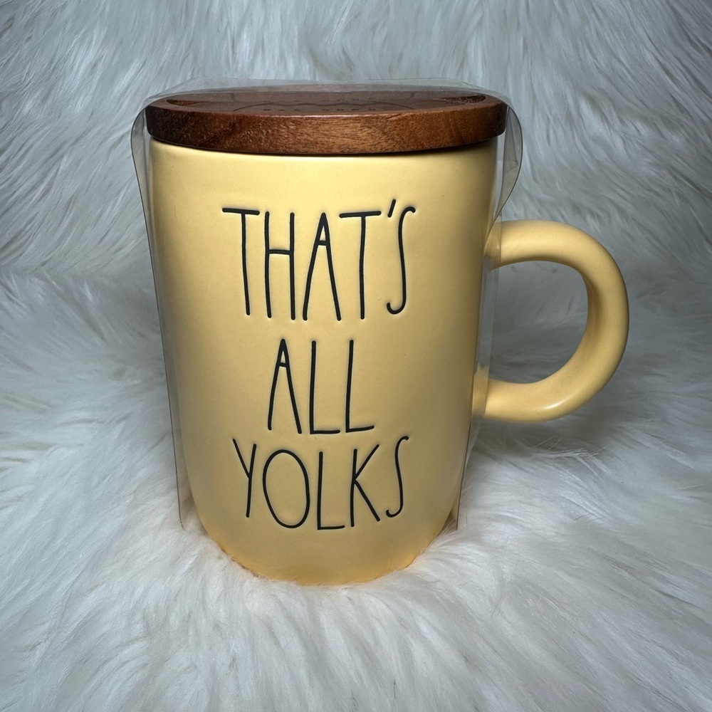 Rae Dunn Yellow That’s All Yolks Mug with Wooden Lid/Coaster